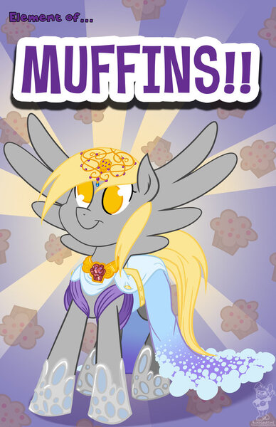 Size: 600x927 | Tagged: safe, artist:bunnimation, derpibooru import, derpy hooves, pegasus, pony, clothes, colored pupils, dress, element of harmony, element of muffins, food, muffin, muffin queen, solo, spread wings, text, wings