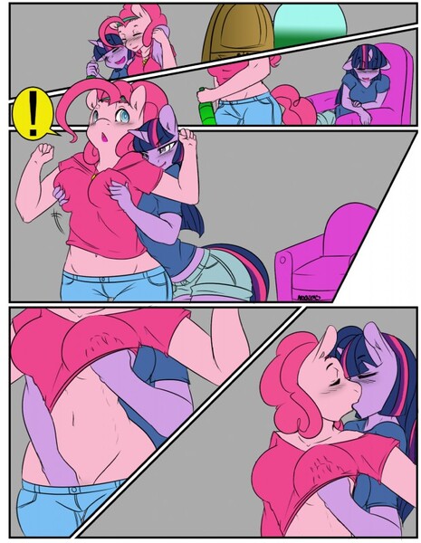 Size: 620x800 | Tagged: questionable, artist:avante92, derpibooru import, pinkie pie, twilight sparkle, anthro, blushing, breast fondling, breast grab, breasts, busty pinkie pie, clothes, comic, curvy, drunk, drunk twilight, female, grope, lesbian, shipping, twinkie