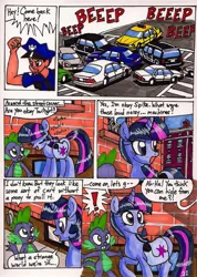 Size: 1280x1801 | Tagged: safe, artist:newyorkx3, derpibooru import, spike, twilight sparkle, twilight sparkle (alicorn), alicorn, dragon, pony, comic:twilight and the big city, bag, cadillac, car, chevrolet, chevrolet suburban, comic, exclamation point, female, ford, ford crown victoria, male, mare, offscreen character, panting, raised hoof, saddle bag, taxi, traditional art