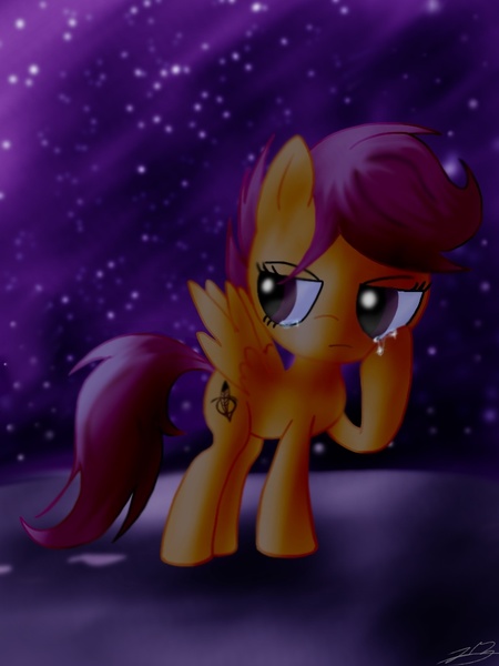 Size: 768x1024 | Tagged: artist:jabbie64, crying, derpibooru import, night, safe, scootalone, scootaloo, solo, stars