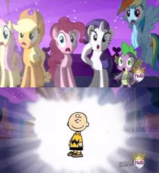 Size: 638x693 | Tagged: alicorn flash, applejack, charlie brown, derpibooru import, edit, exploitable meme, fluttershy, god is charlie brown, hub logo, meme, peanuts, pinkie pie, rainbow dash, rarity, safe, smiling, spike, you've messed with the natural order