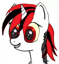 Size: 653x704 | Tagged: safe, derpibooru import, oc, oc:blackjack, unofficial characters only, cyborg, pony, unicorn, fallout equestria, fallout equestria: project horizons, fanfic, bust, fanfic art, female, grin, horn, mare, portrait, simple background, smiling, solo, white background