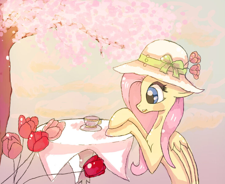 Size: 987x810 | Tagged: safe, artist:inky-pinkie, derpibooru import, fluttershy, cherry blossoms, flower, hat, scenery, solo, table, tea, teacup