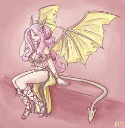 Size: 1100x1128 | Tagged: artist:king-kakapo, blushing, bracelet, breasts, choker, cleavage, clothes, demon, derpibooru import, dragon wings, edit, female, fluttershy, high heels, horned humanization, human, humanized, light skin, lingerie, loincloth, looking at you, sandals, solo, solo female, spaded tail, spread wings, succubus, suggestive, tailed humanization, winged humanization