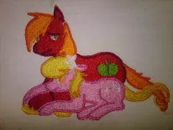Size: 1024x768 | Tagged: safe, artist:ethepony, derpibooru import, big macintosh, lily, lily valley, earth pony, pony, cuddling, embroidery, lilymac, male, patch, prone, shipping, smiling, snuggling, stallion, straight