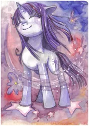 Size: 779x1100 | Tagged: artist:paulina-ap, derpibooru import, eyes closed, flower, safe, smiling, solo, standing, traditional art, twilight sparkle, watercolor painting, windswept mane