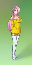 Size: 640x1280 | Tagged: adorasexy, artist:scorpdk, big breasts, bottomless, breasts, busty fluttershy, choker, cleavage, clothes, cute, derpibooru import, female, fluttershy, human, humanized, light skin, sexy, solo, solo female, suggestive, sweater, sweatershy, thigh highs