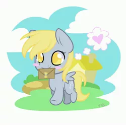 Size: 5000x5000 | Tagged: safe, artist:derpiliciouspony, derpibooru import, derpy hooves, doctor whooves, time turner, pegasus, pony, absurd resolution, blushing, chibi, doctorderpy, female, heart, letter, mail, mare, mouth hold, shipping, solo, straight