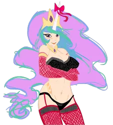 Size: 818x900 | Tagged: arm under breasts, artist:slugbox, belly button, bow, breasts, busty princess celestia, clothes, colored, derpibooru import, edit, evening gloves, female, fishnets, horned humanization, human, humanized, light skin, lingerie, panties, princess celestia, solo, solo female, stockings, suggestive, underwear