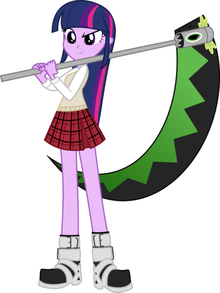 Size: 1024x1361 | Tagged: safe, artist:bubblestormx, derpibooru import, spike, twilight sparkle, equestria girls, crossover, maka albarn, makalight albarn, scythe, solo, soul eater, soulpike evans