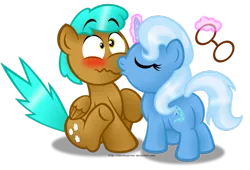 Size: 1024x698 | Tagged: safe, artist:aleximusprime, derpibooru import, trixie, oc, oc:cloud tumble, blushing, canon x oc, cute, glasses, kissing, magic, simple background, transparent background, trixietumble