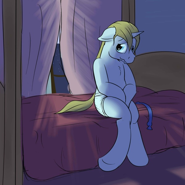 Size: 1280x1280 | Tagged: artist:fuzebox, bed, briefs, clothes, curtains, cute, derpibooru import, looking at you, male, nervous, night, prince bluebetes, prince blueblood, sitting, smiling, smiling at you, solo, solo male, suggestive, tighty whities, topless, underwear
