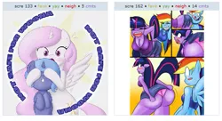 Size: 531x289 | Tagged: suggestive, artist:jdan-s, artist:vale-city, derpibooru import, princess celestia, princess luna, rainbow dash, twilight sparkle, alicorn, anthro, pony, comic:magic mishap, ambiguous facial structure, anthro with ponies, belly button, blushing, breasts, butt expansion, cewestia, cleavage, clothes, comic, covering eyes, cute, expansion, exploitable meme, female, filly, growth, juxtaposition, juxtaposition win, lesbian, meme, not safe for woona, panties, pink underwear, shipping, skirt, skirt lift, skirt pull, the ass was fat, thighlight sparkle, thunder thighs, twibutt, twidash, underwear, wedgie, wingboner, woona, young, younger