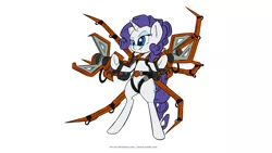 Size: 3840x2160 | Tagged: safe, artist:tenart, derpibooru import, rarity, pony, bipedal, powered exoskeleton, simple background, solo, white background