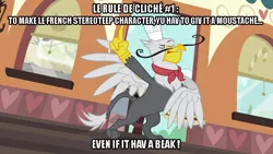 Size: 800x450 | Tagged: safe, derpibooru import, edit, edited screencap, screencap, gustave le grande, gryphon, mmmystery on the friendship express, cliche, french, image macro, meme, moustache, solo, stereotype