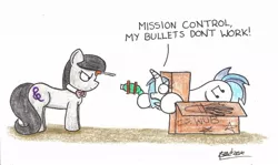 Size: 1024x611 | Tagged: safe, artist:bobthedalek, derpibooru import, octavia melody, vinyl scratch, earth pony, pony, unicorn, annoyed, cardboard box, dartgun, duo, female, octavia is not amused, playing, pretend, unamused