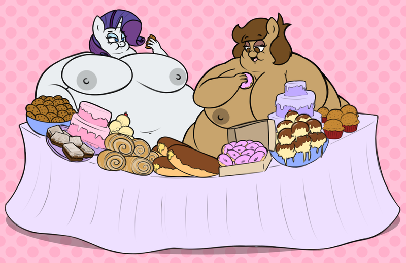 Size: 1280x830 | Tagged: anthro, artist:stunnerpone, bbw, breasts, buffet, busty rarity, cake, chubby cheeks, cookie, derpibooru import, donut, double chin, eating, fat, fat boobs, female, food, impossibly large belly, morbidly obese, nipples, nudity, obese, oc, oc:georgia lockheart, pie, questionable, raritubby, rarity, stuffing, weight gain