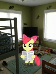 Size: 2448x3264 | Tagged: apple bloom, artist:boltblazer, bed, clothes, derpibooru import, irl, newspaper, photo, ponies in real life, reading, safe, shoes, solo, stool, television, toy, vector