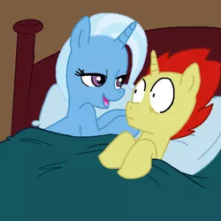 Size: 500x499 | Tagged: safe, artist:jcking101, artist:madmax, derpibooru import, edit, trixie, oc, pony, aftersex ponies, bed, bedroom eyes, blanket, canon x oc, female, frown, implied sex, male, morning after, pillow, sethisto, shipping, smiling, straight, surprised, wide eyes