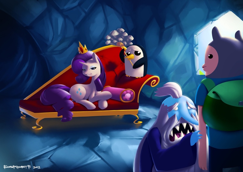 Size: 1432x1013 | Tagged: adventure time, artist:eosphorite, couch, crossover, crown, crying, derpibooru import, finn the human, gunther, ice king, queen, rarity, safe