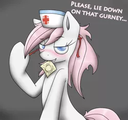 Size: 3237x3050 | Tagged: artist:efrejok, bedroom eyes, blushing, condom, condom in mouth, derpibooru import, female, helloooooo nurse, loose hair, mouth hold, nurse redheart, solo, solo female, suggestive