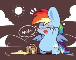 Size: 1000x800 | Tagged: safe, artist:lifeloser, derpibooru import, rainbow dash, pegasus, pony, :o, blushing, chibi, cider, cider dash, cloud, crying, cute, dashabetes, dialogue, eyes closed, female, flower, kneeling, open mouth, solo, spill, sun