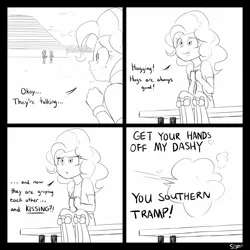 Size: 800x800 | Tagged: safe, artist:slypon, derpibooru import, applejack, pinkie pie, rainbow dash, equestria girls, comic, dialogue, female, implied appledash, implied lesbian, implied pinkiedash, implied shipping, in the distance, jealous, lesbian, lineart, monochrome, scene interpretation, scene parody, voyeur, vulgar