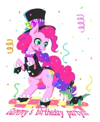 Size: 900x1100 | Tagged: artist:yuzuko, bowtie, clothes, confetti, cute, derpibooru import, diapinkes, duo, engrish, gummy, happy birthday, hat, misspelling, party of one, pet, pinkie pie, pixiv, safe, spats, top hat, tuxedo