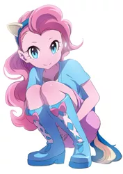 Size: 620x877 | Tagged: safe, artist:karashim, derpibooru import, pinkie pie, equestria girls, blue eyes, boots, clothes, cute, diapinkes, explicit source, long hair, looking at you, miniskirt, pixiv, skirt, solo, squatting, wavy mane, wondercolts, wondercolts uniform