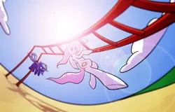 Size: 1024x656 | Tagged: artist:northernsprint, cloud, derpibooru import, lens flare, pink-mane celestia, playground, princess celestia, princess luna, safe, wide angle, younger