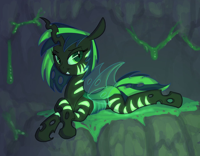 Size: 971x760 | Tagged: artist:carnifex, bioluminescent, cave, changeling, changeling oc, changeling queen, changeling queen oc, commission, derpibooru import, female, goo, green changeling, hive, hybrid, interspecies offspring, mare, oc, oc:queen scarlet, offspring, parent:oc:jack hyperfreak, parent:queen chrysalis, parents:canon x oc, princess, royalty, safe, solo, stripes, unofficial characters only