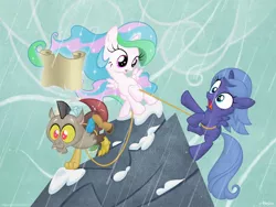 Size: 1600x1200 | Tagged: artist:olegsavoskin, climbing, discord, filly, magic, mountain, princess celestia, princess luna, rope, safe, scroll, snow, snowfall, telekinesis, woona, young, younger