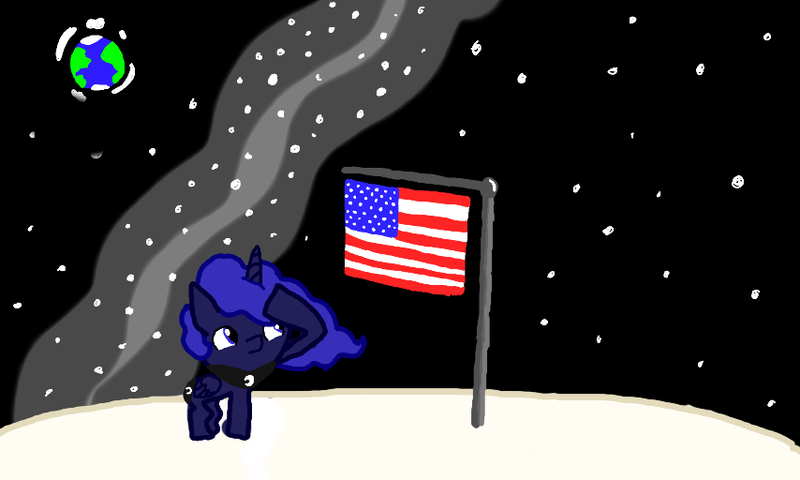 Size: 854x512 | Tagged: safe, artist:i-got-quest, derpibooru import, princess luna, alicorn, pony, earth, flag, misguided, moon, ms paint, national flag, patriotic, salute, solo, space