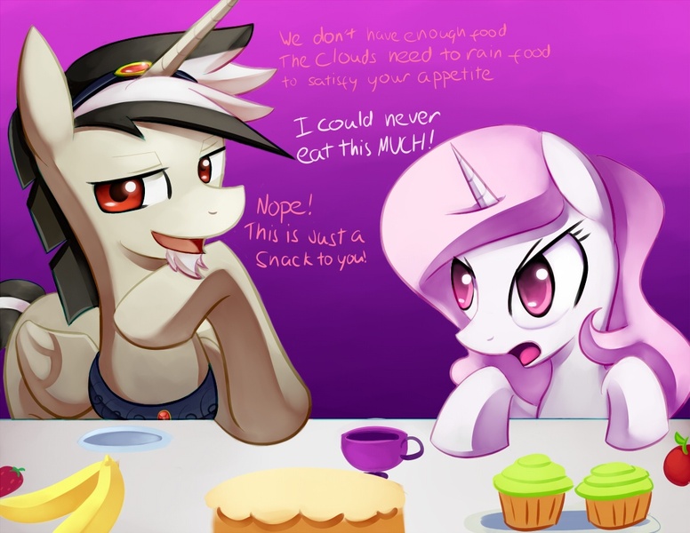 Size: 1100x850 | Tagged: safe, artist:negativefox, derpibooru import, discord, princess celestia, ponified, pony, banana, cake, dialogue, pink-mane celestia, species swap, younger