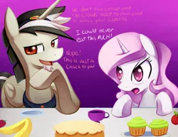 Size: 1100x850 | Tagged: safe, artist:negativefox, derpibooru import, discord, princess celestia, ponified, pony, banana, cake, dialogue, pink-mane celestia, species swap, younger