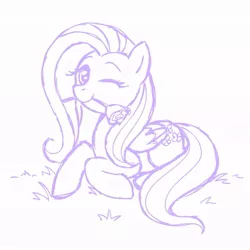 Size: 945x945 | Tagged: artist:megasweet, derpibooru import, flower, flower in mouth, fluttershy, lineart, monochrome, mouth hold, one eye closed, prone, safe, sketch, solo, wink