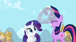 Size: 960x540 | Tagged: safe, derpibooru import, screencap, rarity, spike, twilight sparkle, the cutie pox, alternate hairstyle, animated, female, hair styling, heart, heart eyes, hoop, instant rarity, loop-de-hoop, male, rarity hair, straight, wingding eyes