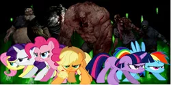 Size: 2000x1000 | Tagged: semi-grimdark, derpibooru import, applejack, fluttershy, pinkie pie, rainbow dash, rarity, twilight sparkle, earth pony, pegasus, pony, unicorn, zombie, blue eyes, boomer, charger, determination, determined, empowered zombie, green eyes, hunter, left 4 dead, mane six, micromutated zombie, mutated zombie, pink eyes, purple eyes, ready for action, serious, serious face, smoker, tank (zombie), tumorous lumps, unicorn twilight