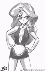 Size: 614x960 | Tagged: absolute cleavage, artist:johnjoseco, breasts, cleavage, clothes, female, grayscale, human, humanized, maid, monochrome, solo, suggestive, sunset shimmer