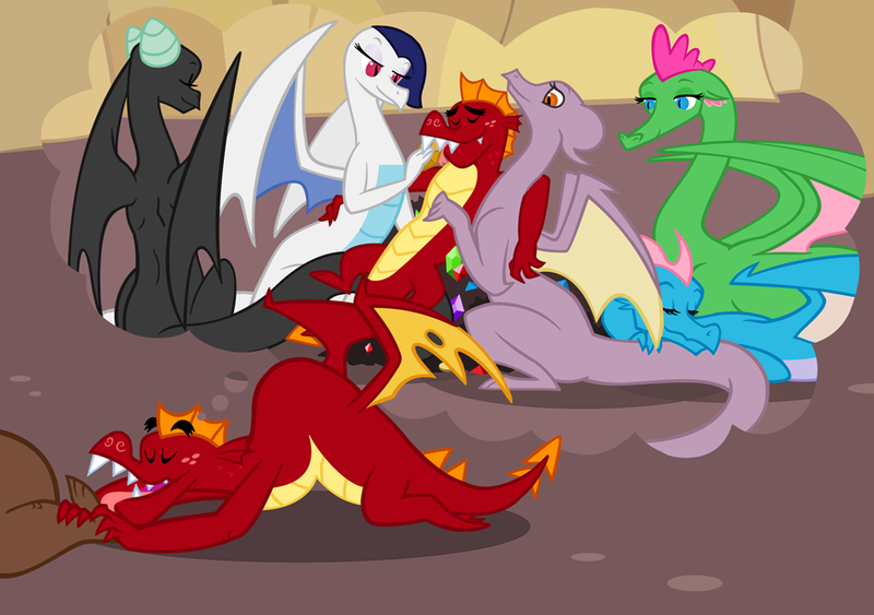 Size: 871x613 | Tagged: safe, artist:queencold, derpibooru import, clump, garble, oc, oc:feign, oc:flare, oc:huddle, oc:ivory, oc:kindle, dragon, dragoness, dream, eyes closed, feet, female, fetish, foot fetish, freckles, gem, gronkle, harem, hoard, jewel, licking, male, male feet, open mouth, sin of lust, smiling, teenaged dragon, tongue out