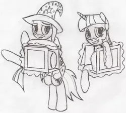 Size: 500x450 | Tagged: safe, derpibooru import, trixie, twilight sparkle, twilight sparkle (alicorn), alicorn, pony, bipedal, box, box sawing trick, female, half, magic, magic act, magic trick, mare, modular, monochrome, traditional art