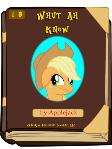 Size: 600x800 | Tagged: applejack, book, book cover meme, derp, derpibooru import, exploitable meme, floppy ears, meme, safe, silly, solo