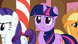 Size: 853x480 | Tagged: animated, applejack, derpibooru import, duckface, episode, facial expressions, rarity, safe, screencap, the mysterious mare do well, twilight sparkle