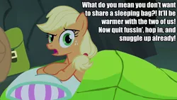 Size: 1280x720 | Tagged: applejack, bronybait, caption, derpibooru import, edit, edited screencap, image macro, imminent snuggles, implied snuggling, looking at you, safe, screencap, sleeping bag, sleepless in ponyville, solo, text