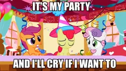 Size: 960x540 | Tagged: apple bloom, balloon, caption, confetti, crying, cutie mark crusaders, derpibooru import, edit, edited screencap, hat, image macro, it's my party, lesley gore, noisemaker, party, party hat, sad, safe, scootaloo, screencap, song, song reference, streamers, sweetie belle, the cutie pox
