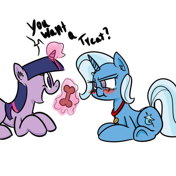 Size: 1600x1600 | Tagged: safe, artist:whydomenhavenipples, derpibooru import, trixie, twilight sparkle, blushing, bone, collar, cute, dialogue, female, femdom, femsub, frown, lesbian, magic, pet, pet play, pet tag, shipping, submissive, teasing, telekinesis, the weak and powerless trixie, treat, twidom, twixie