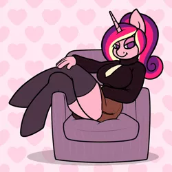 Size: 1000x1000 | Tagged: anthro, artist:stunnerpone, bedroom eyes, breasts, busty princess cadance, chair, clothes, derpibooru import, female, hoofbeat 2, necktie, princess cadance, sitting, solo, solo female, stockings, suggestive, sweater, thigh highs
