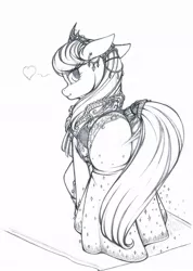 Size: 749x1051 | Tagged: artist:longinius, clothes, derpibooru import, dock, dress, earring, grayscale, heart, jewelry, looking at you, looking back, monochrome, octavia melody, plot, plotavia, safe, smiling, solo, sparkles, tail wrap, treblebutt