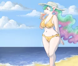Size: 1280x1074 | Tagged: alicorn, anthro, artist:the-rasp-b, beach, belly button, bikini, cleavage, clothes, cloud, cloudy, cocktail, curvy, dead source, derpibooru import, drink, female, hat, missing cutie mark, missing horn, ocean, princess celestia, safe, solo, swimsuit, wide hips, wingless, wingless anthro