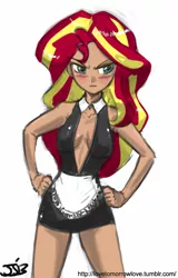Size: 614x960 | Tagged: artist:allosaurus, artist:johnjoseco, breasts, busty sunset shimmer, cleavage, clothes, colored, color edit, edit, female, human, humanized, maid, moderate dark skin, shiny, solo, solo female, suggestive, sunset shimmer